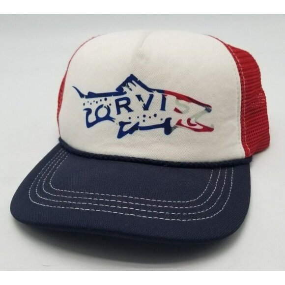 Orvis Red Blue White Adult Trucker Mesh Fishing Trucker Hat Mens Snapback OSFA - Picture 1 of 9